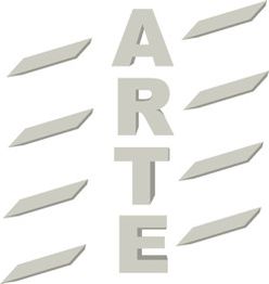 Logo mit dem Wort "ARTE" in der Mitte, umgeben von diagonalen grauen Rechtecken.