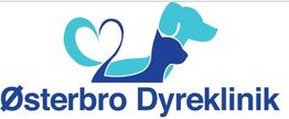 Logo for dyreklinik med hund, kat og hjerte i blå nuancer. Tekst: "Østerbro Dyreklinik".