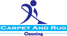 Logo with person vacuuming above text "Carpet and Rug Cleaners" in blue and turquoise colors.