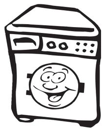 Zeichnung einer Waschmaschine mit einem lachenden Gesicht auf der Tür.
