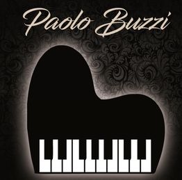Forma di pianoforte nero su sfondo decorativo con testo elegante.