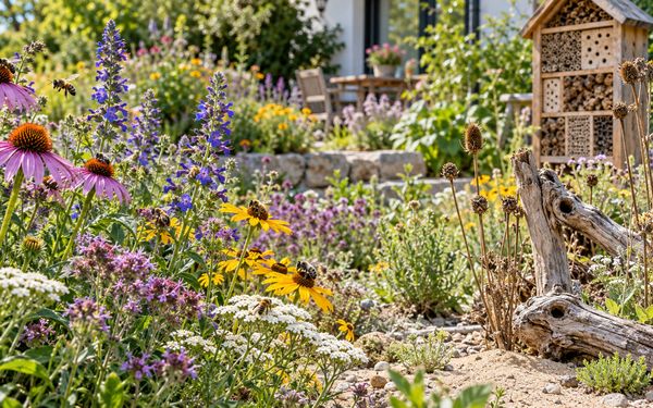 Wildbienenfreundlicher Garten mit heimischen Blühpflanzen, Wildbienen an den Blüten, offenen Bodenstellen, Totholz und Nisthilfe im Hintergrund.