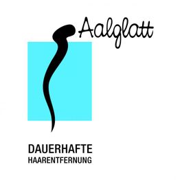 Logo mit geschwungener Linie auf blauem Hintergrund, Text: "Aalglatt, Dauerhafte Haarentfernung".