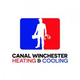 Silhouette of a worker with HVAC tools, "Canal Winchester Heating & Cooling" text below.