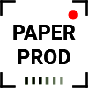 Texto "PAPER PROD" en blanco con punto rojo, borde negro y barras verdes abajo.