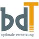 Logo mit den Buchstaben "bdT" und dem Slogan "optimale vernetzung" in grauer und gelber Schrift.