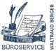 Illustration von Feder, Tintenfass und Büchern mit Text: "Büroservice Waltraud Berger".