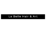 Logo de "La Belle Hair & Art" con letras blancas "LB" sobre fondo negro.
