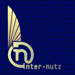 Gelbes Logo auf blauem Grund mit stilisiertem "n" und Text "inter-nutz", Code im Hintergrund.
