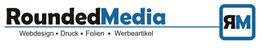 Logo von RoundedMedia mit Text: "Webdesign, Druck, Folien, Werbeartikel".