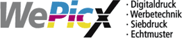 Logo von WePicX mit den Texten Digitaldruck, Werbetechnik, Siebdruck und Echtmuster.