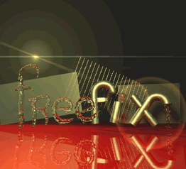 Der Text "freefix" in 3D-Optik mit reflektierendem Boden und Lichteffekten.