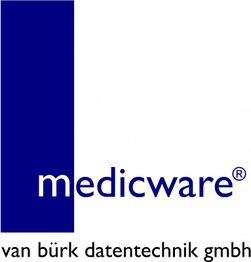 Logo von medicware, van bürk datentechnik gmbh, mit blauem vertikalem Rechteck.