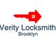 Red key with house shape and text "Verity Locksmith Brooklyn" on a white background.