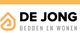Logo van De Jong Bedden en Wonen met oranje huis-icoon en zwarte tekst.