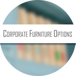 "Corporate Furniture Options text on a blurred circular background."