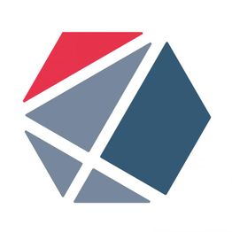 Abstraktes Logo mit geometrischen Formen in Rot und Blau auf weißem Hintergrund.