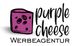 Lila Käseblock-Grafik mit dem Text "Purple Cheese Werbeagentur" in modernem Stil.