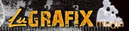 Logo mit Schriftzug "Lu Grafix media" auf dunklem Hintergrund mit abstrakten Texturen.