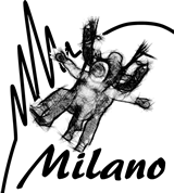 Disegno astratto con figura umana in bianco e nero e scritta "Milano".