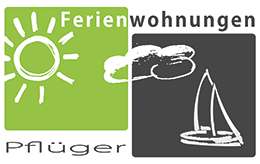 Logo mit Sonne, Wolke, Segelboot und Text: Ferienwohnungen Pflüger.