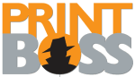 Logo mit Text "PRINT BOSS" in Orange und Grau, mit schwarzer Silhouette eines Mannes in der Mitte.