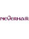 Schriftzug "never hair" in lila und grau auf weißem Hintergrund.
