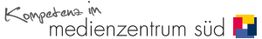 Text "Kompetenz in medienzentrum süd" mit buntem Logo rechts.