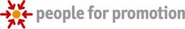 Logo mit stilisierter Sonne und Text: "people for promotion" in grauer Schrift.