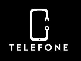 En hvid telefonillustration på sort baggrund med teksten "TELEFONE".