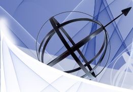 Abstrakte Skulptur mit Pfeil und Kreisen vor blau-weißem Hintergrund.