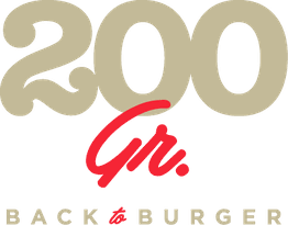 Logo con texto "200 Gr. Back to Burger", en tonos beige y rojo.