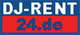 Logo mit der Aufschrift "DJ-RENT 24.de" in blauem und rotem Rechteck.