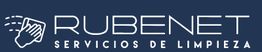 Logotipo de Rubenet, servicios de limpieza, sobre fondo azul con ícono de un paño.