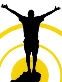 Silhouette einer Person mit ausgebreiteten Armen vor gelben Kreisen auf weißem Hintergrund.