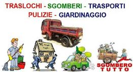 Illustrazione di servizi di traslochi, sgomberi, trasporti, pulizie e giardinaggio con camion.