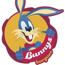 Coelho azul sorrindo com laço vermelho ao redor do pescoço, texto "Bunnys burguer".