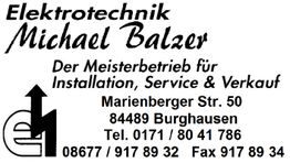 Visitenkarte: Elektrotechnik Michael Balzer, Meisterbetrieb, Installation, Service, Burghausen.