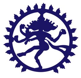 Silhouette de la danse de Shiva entourée d'un cercle décoré, couleur bleue foncée.
