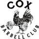 Rooster lifting weights with "Cox Barbell Club" text above and below.