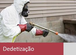 Pessoa com traje de proteção realizando dedetização em uma área externa. Texto: Dedetização.