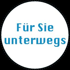 Schwarzer Kreis mit weißem Inneren und blauem Text: "Für Sie unterwegs".
