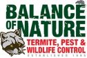 Logo with "Balance of Nature" and pest control text, featuring a raccoon illustration.