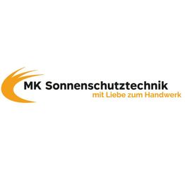 Logo von MK Sonnenschutztechnik mit dem Slogan "mit Liebe zum Handwerk" in Schwarz und Orange.