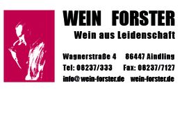 Visitenkarte von Wein Forster mit Kontaktinfos und Slogan "Wein aus Leidenschaft".