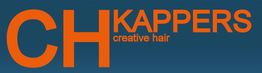 Logo met tekst: CH Kappers Creative Hair in oranje op blauwe achtergrond.
