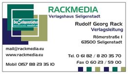 Visitenkarte von Rackmedia: Kontaktinfo von Rudolf Georg Rack, Verlagshaus in Seligenstadt.