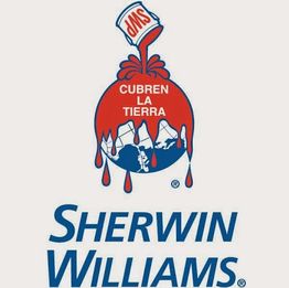 Logo de Sherwin Williams: bote de pintura roja cubriendo el globo con texto "CUBREN LA TIERRA".