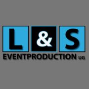 Logo mit den Buchstaben "L & S EVENTPRODUCTION UG" in Blau und Schwarz auf grauem Hintergrund.