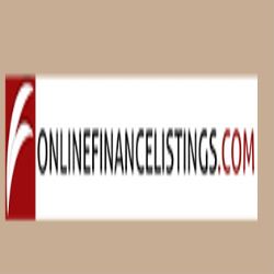 Logo for OnlineFinanceListings.com with stylized red and white design on a beige background.
